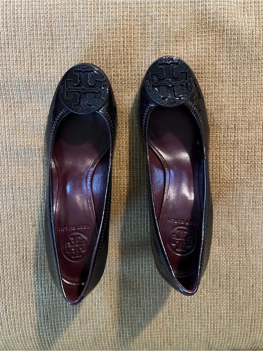 Tory Burch Deep Burgundy Patent Leather Logo Wedges with Deep Burgundy Insole